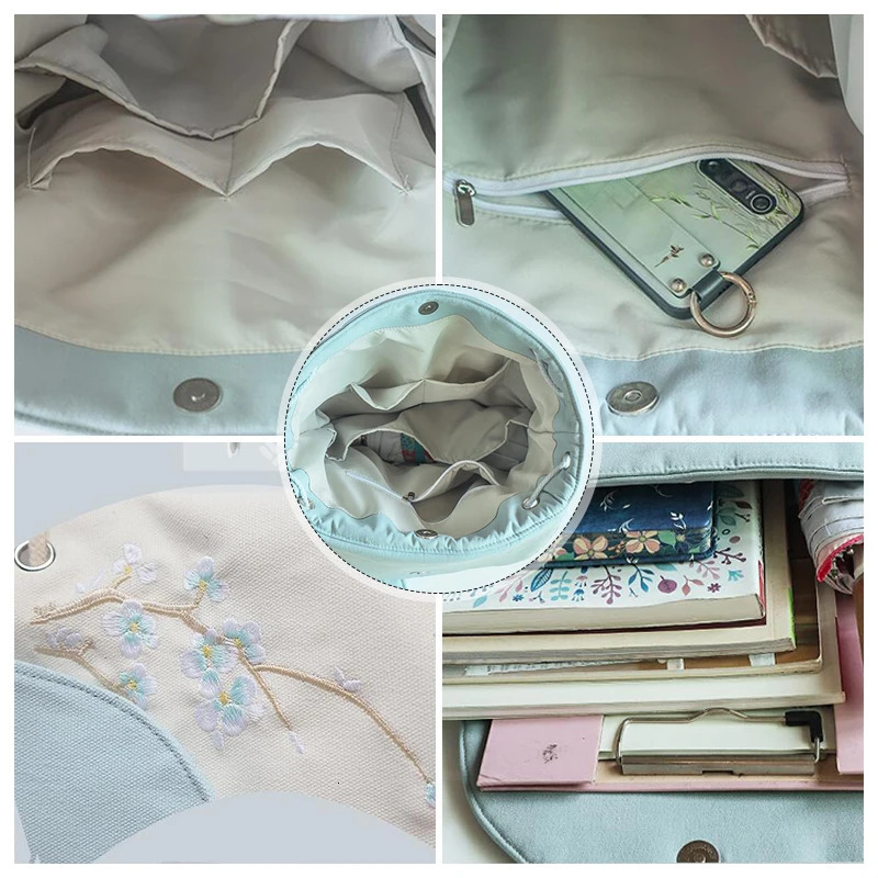 Womens Canvas Embroidered Flower Tassel Backpack Chinese Style Hanfu Casual Pendant Multi Pocket Large Capacity Girls Handbag 250811