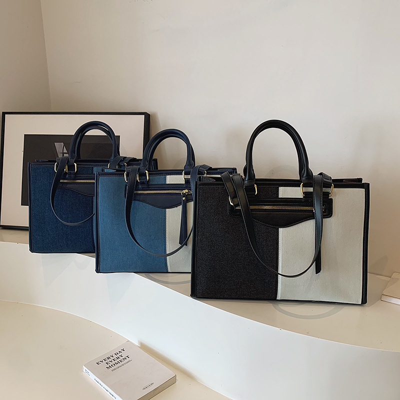 New Korean Patchwork Denim Color-Block Large Capacity Fashion Single Shoulder Crossbody Tote Bag for Women