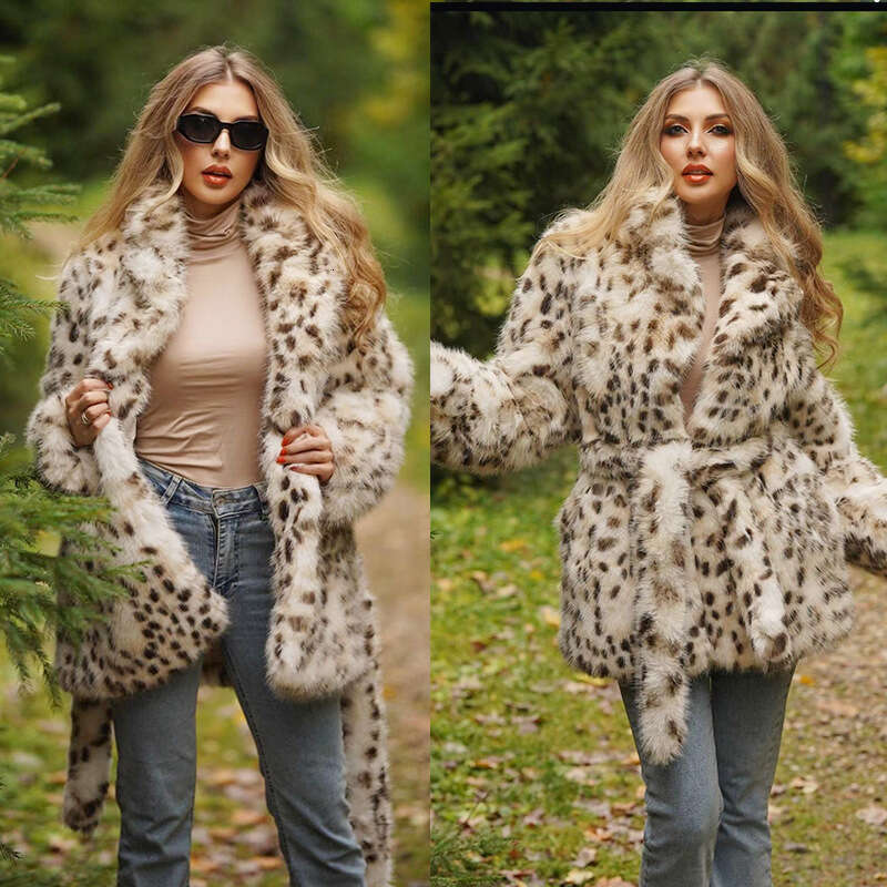 Autumn and winter fashion elegant faux fur leopard print coat suit collar belt women's mid length top