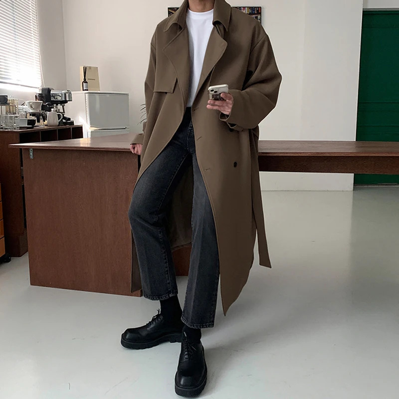 IEFB Autumn Winter Overcoat Mens Mid Length Coat Korean Fashion Loose Knee Over British Trench With Cotton Windbreakers 9C1874 250729