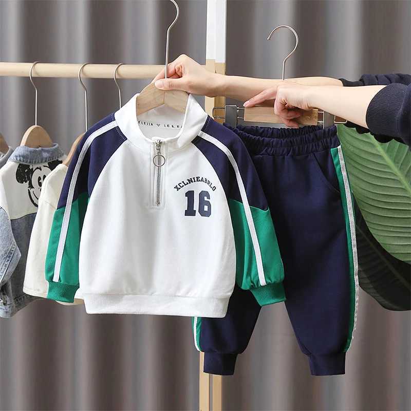 2025 Autumn New Handsome Casual Childrens Sportswear Boys Two-piece Color Blocked Letter Printed Hoodie Elastic Waist Pants Z250811