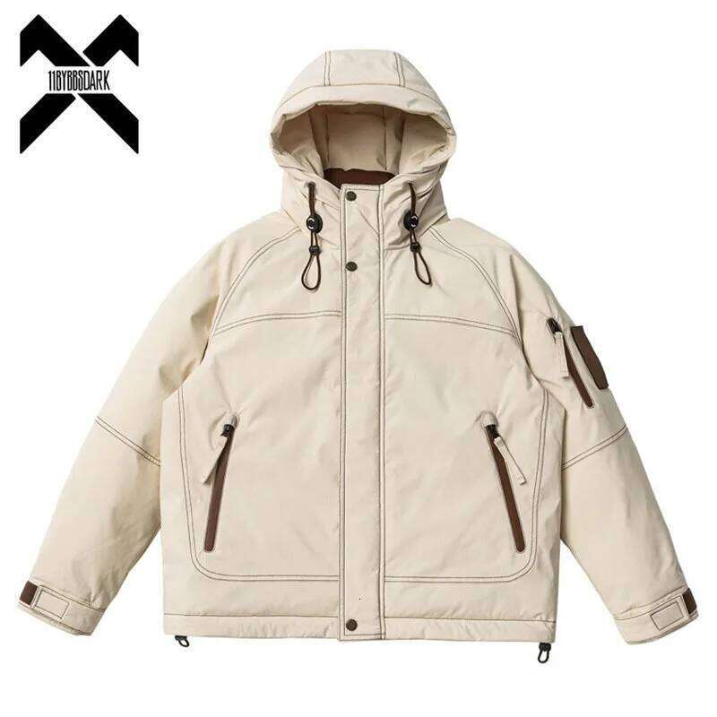 2024 Winter Men Down Windbreaker Tactical Hooded Thicken Cargo Jacket Warm Outwear Coat Hip Hop Streetwear