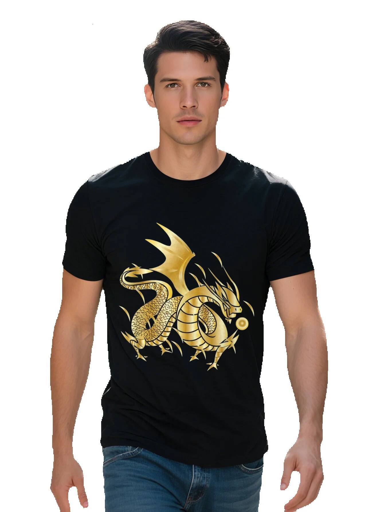 Men s Fearless Golden Graphic T Shirt Cotton Black with Striking Yellow Dragon Design Comfortable Fit Short 2e150