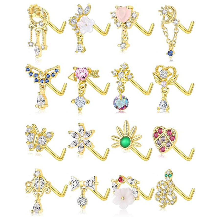 16Pcs 20G Nose Rings L Shaped Nose Studs for Women Stainless Steel Heart Snake Flower Bowknot CZ Butterfly Moon Dangle Nose Stud Ring Body Piercing Je