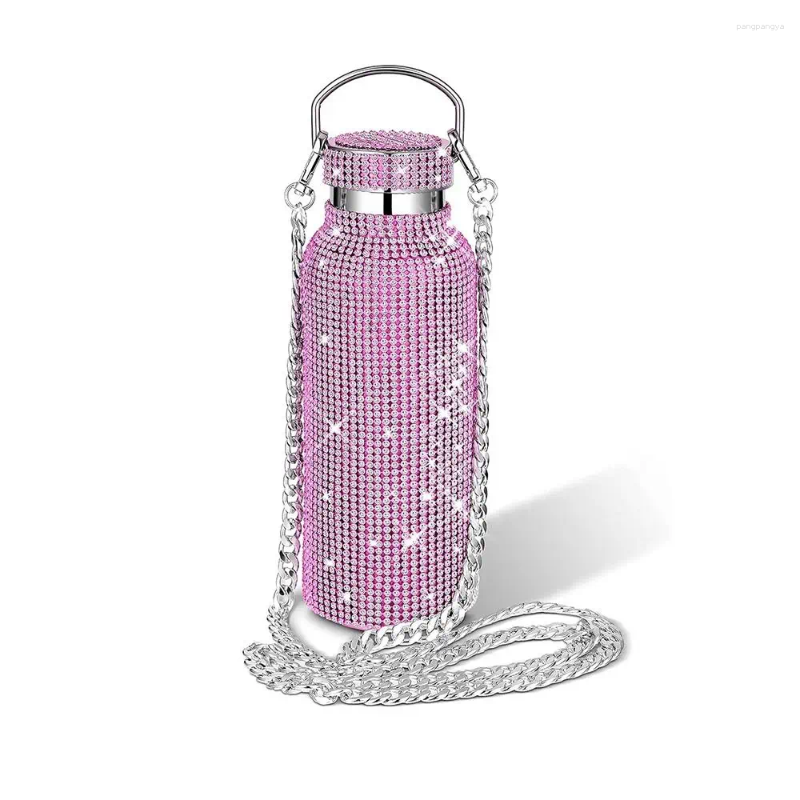 Water Bottles Thermal Rhinestone Bottle Stainless Steel Chain Bling Cups Removable Carrying Strap Refillable Glitter Tumbler Travel
