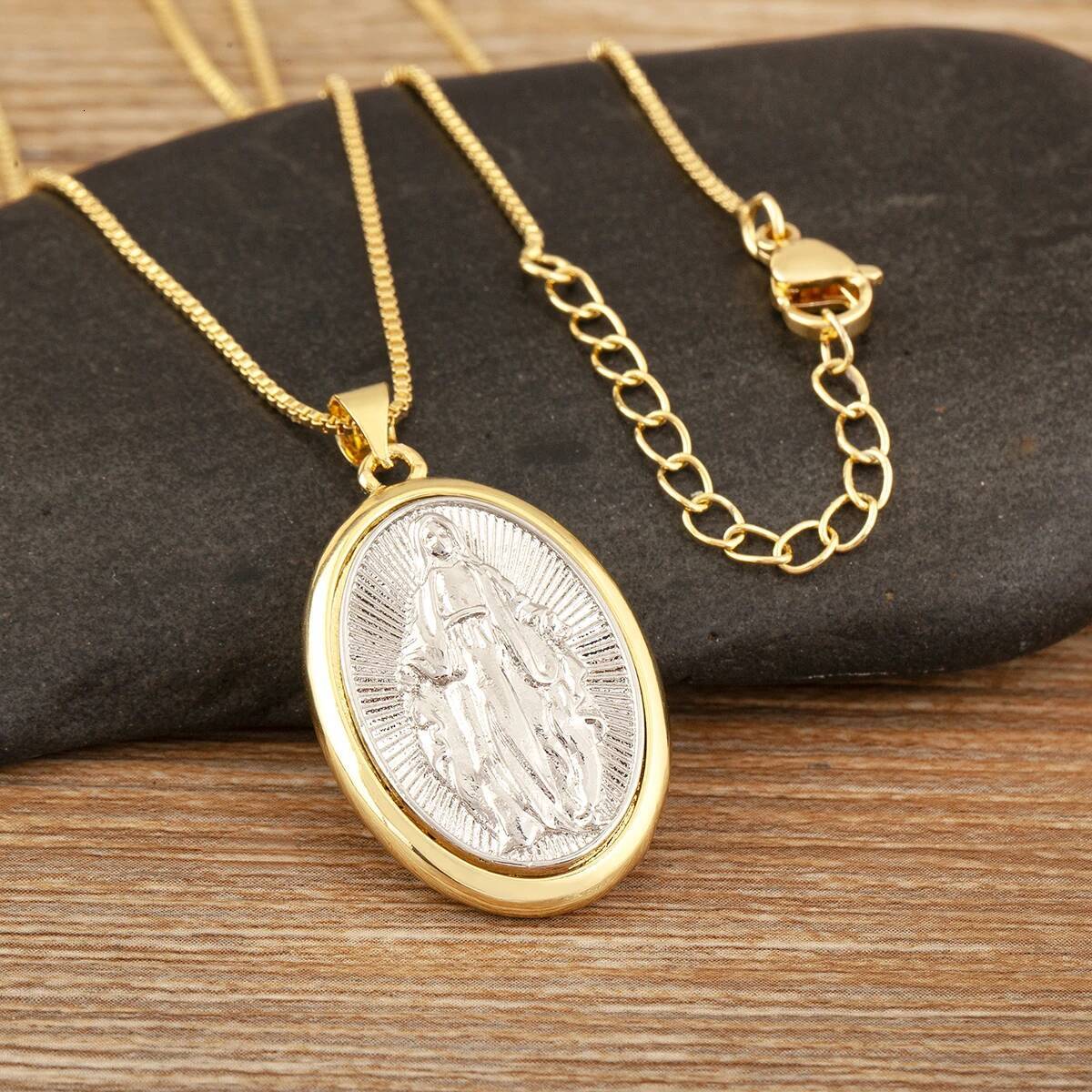 Nidin New Arrival Retro Oval Virgin Mary Pendant Necklace For Women Female 3 Styles Religious Style Choker Copper Neck Jewelry