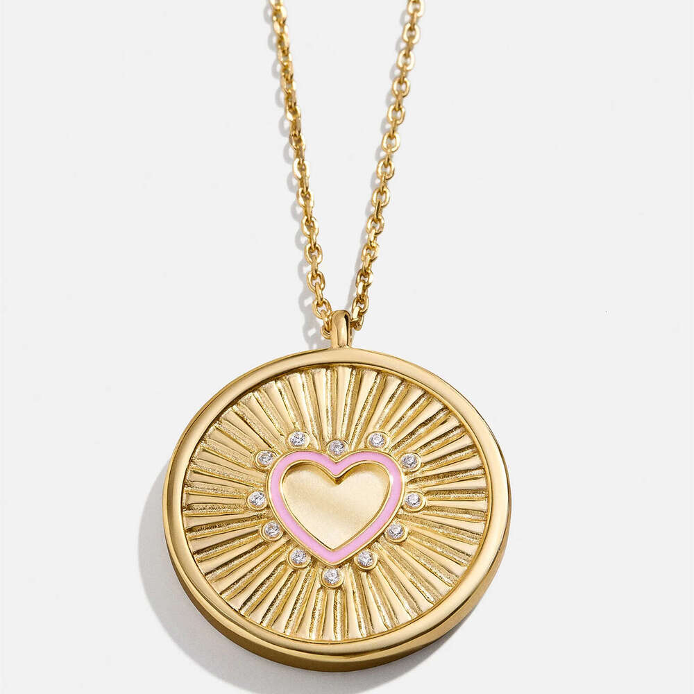 DHpet Double-Sided Heart Round Necklace Oil-Drip Heart-Shaped Full Dia Inlaid Pendant Versatile Sweater Chain Electroplated Color Retention