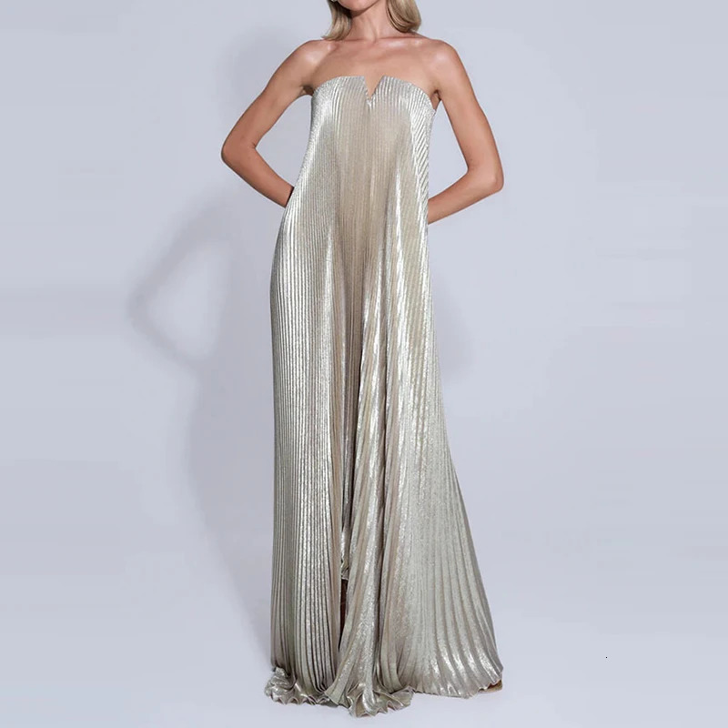 Sexy Strapless High Waist Evening Gown for Women Fashion Off Shoulder Pleated Party Dress Elegant Hollow Sleeveless Long Dresses 250811