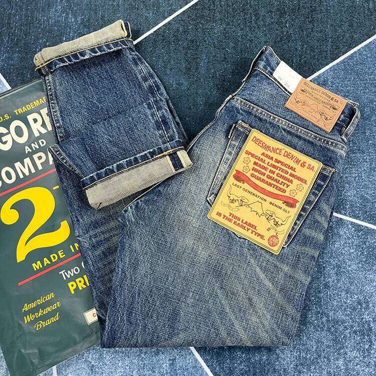 14oz Heavyweight Red Seedge Denim Jeans for Men Heavy Washed Distressed Straight Blue Pants Male American Casual Trousers