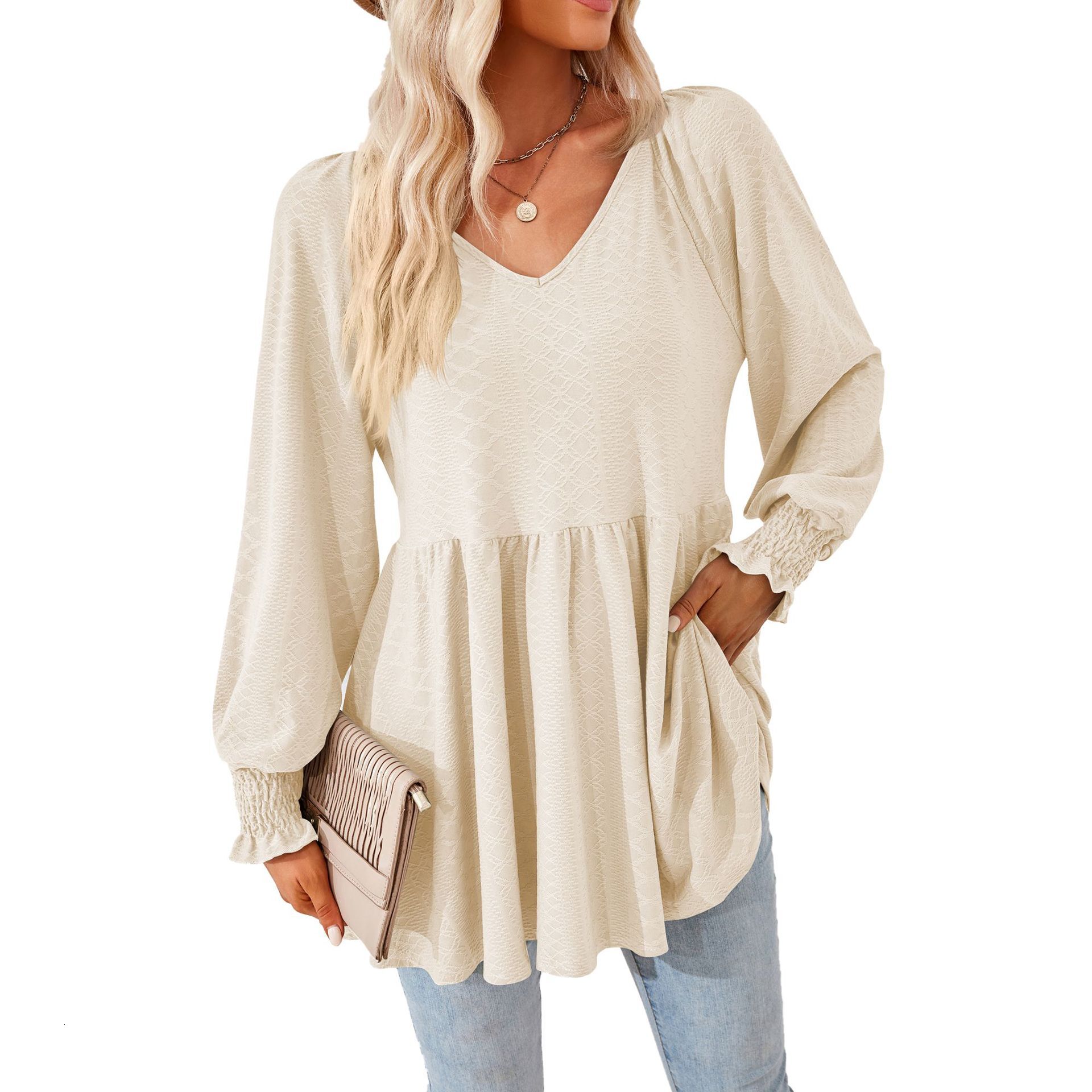 2025 Autumn and Winter Solid Color Patchwork V-Neck Jacquard Long Sleeve Loose T-Shirt for Women