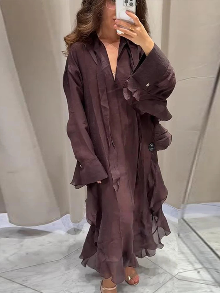 Fashion Patchwork Ruffled Hem Long Dress Women Loose Long Sleeve V-neck Maxi Dresses Summer Lady Vacation Beach Vestidos 250805
