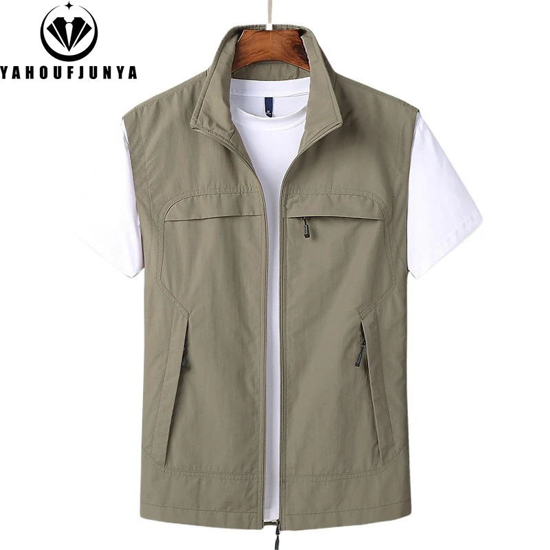 Summer Men Sleeveless Outdoor Leisure Stand Collar Vest Solid Color Breathable Many Pocket Thin Male Waistcoat Top 250809