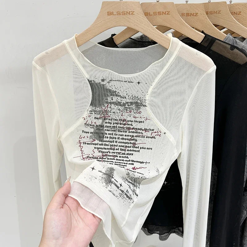 Summer Round Neck Transparent Bottom Shirts Tops Mesh See Through Womens Long Sleeve Seamless Top Print Blouses 250811