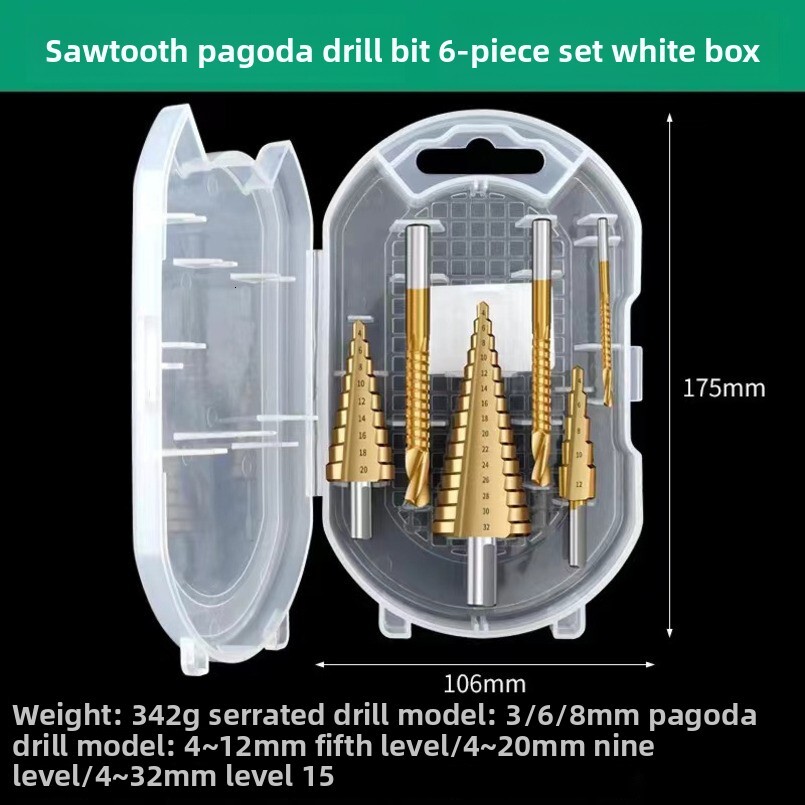 6-Piece Expanding Tower Set, Step Bits, 3 Sawtooth Drill Bits