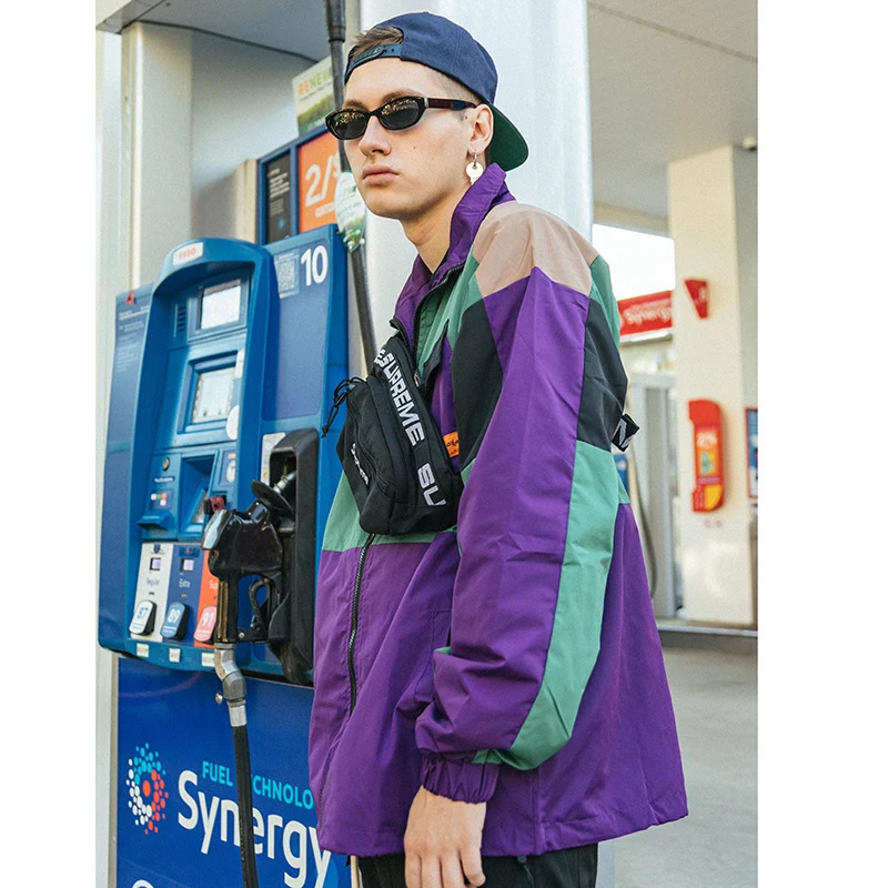 Hip Hop Streetwear Jacket WindBreaker Retro Color Block Patchwork Track Coat Men Harajuku Cotton Loose 250811
