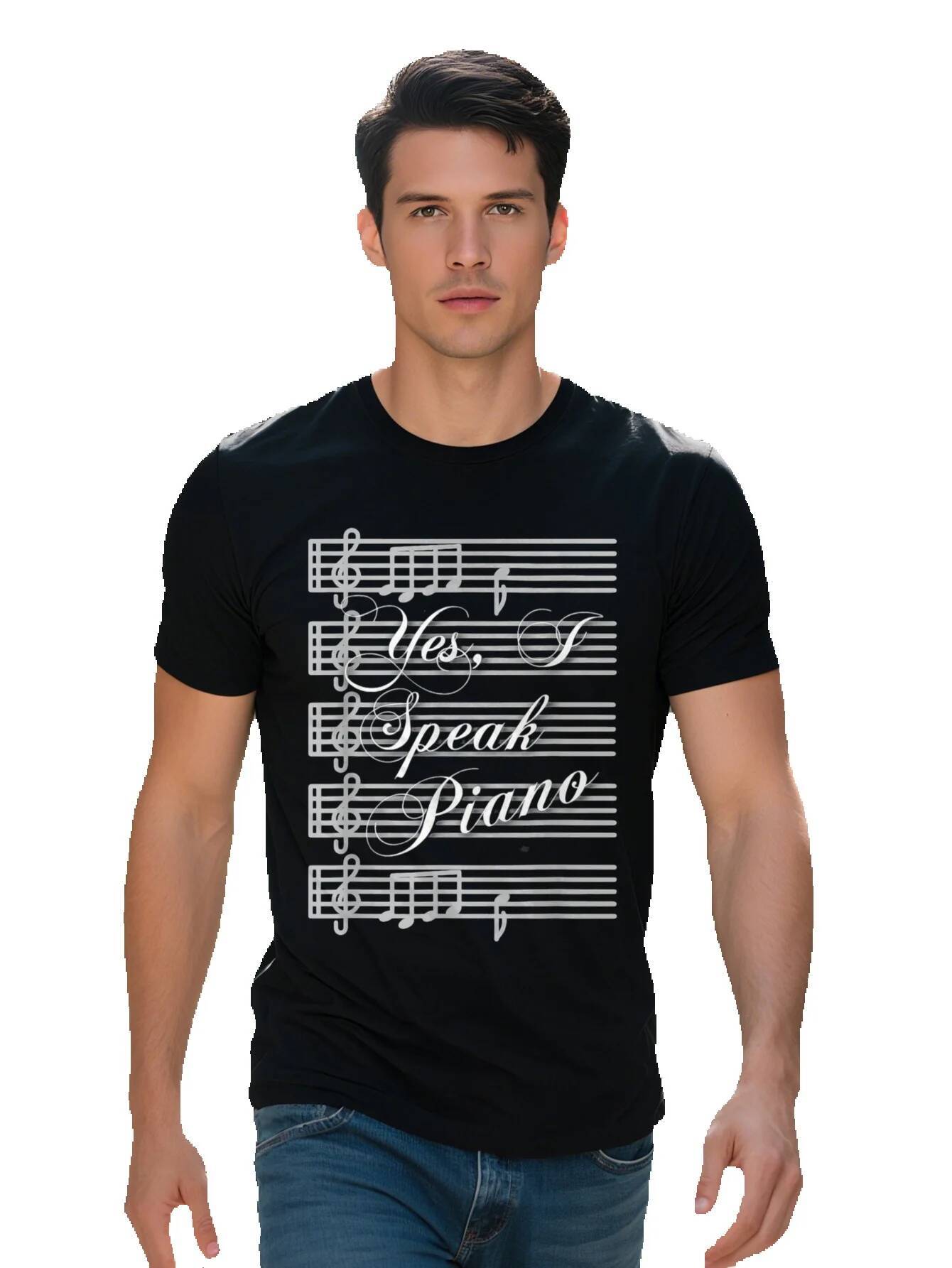 Funny Yes I Speak Piano Men's T-Shirt Cotton Short Sleeve Round Neck Black with White Notes Design 5f275 6b251