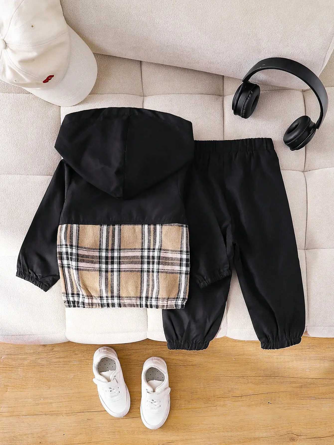 Hoodie Matching Color Long Sleeve Zipper Half Cardigan Top Elastic Waist Corset Pocket Pants Handsome Boy Baby Black Suit Z250811