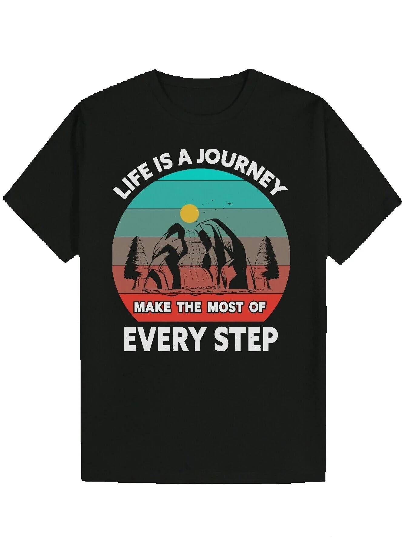 Men's Summer Pattern Printed Polyester T-Shirt - "Life is a Journey" Inspirational Design, Round Neck, Casual Fit, Machine Washable, Bl