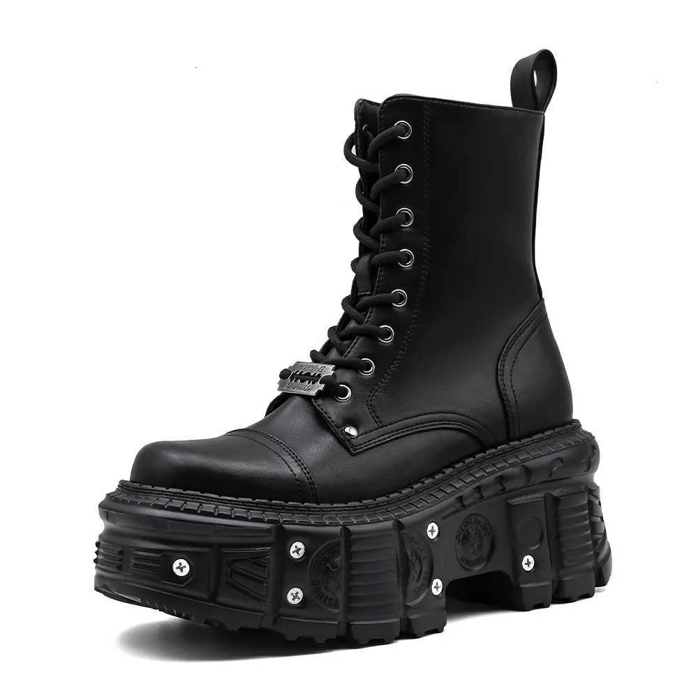Metal Thick-Soled Heightening Men Womens Ankle Boots Dark Punk Lace Up Leather Round Toe Goth Motorcycle Boots Short Boots 44 W250811