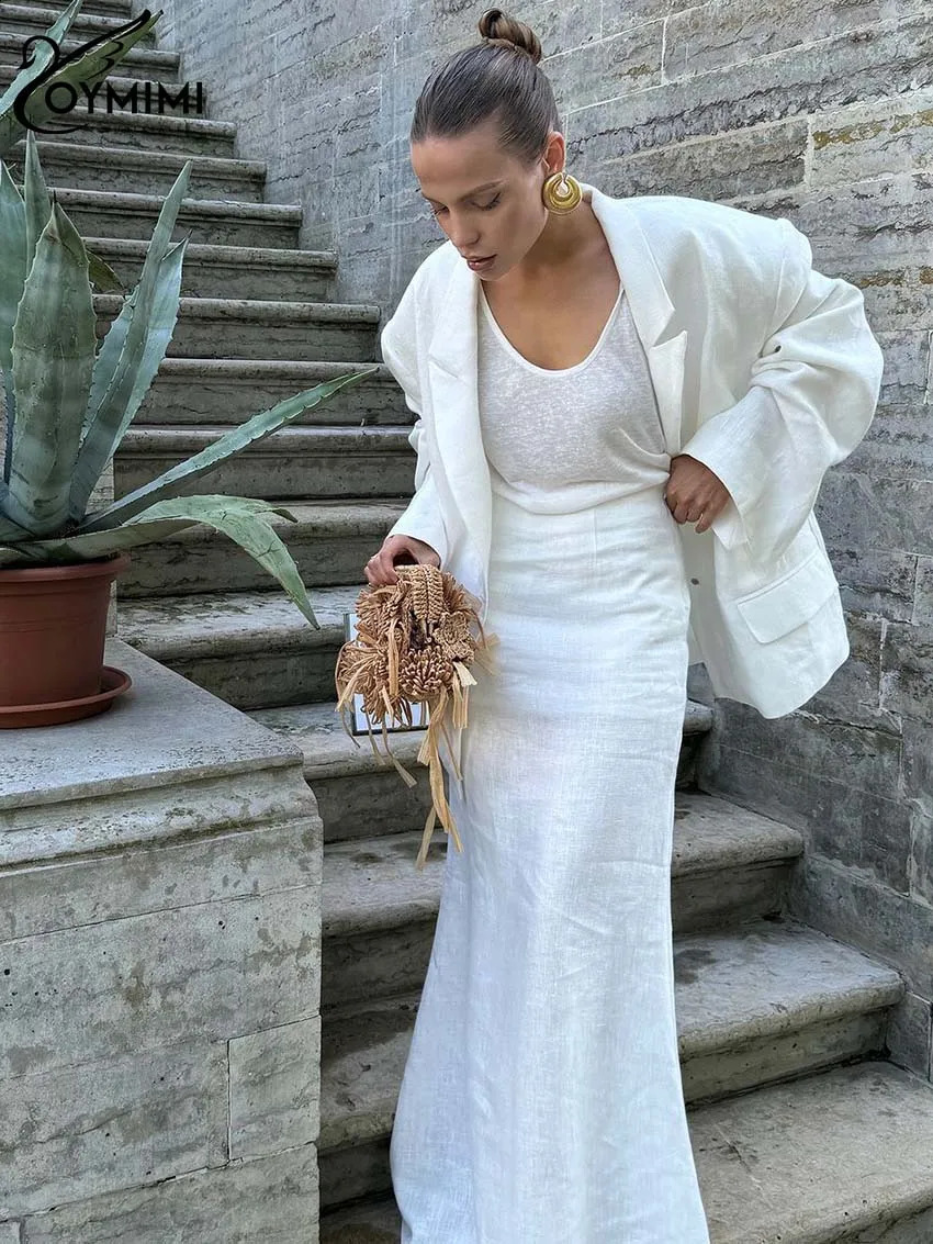 Oymimi Casual White Two Piece Set For Women Elegant Long Sleeve Pockets Blazers And High Waist Straight Floor-Length Skirts Sets 250811