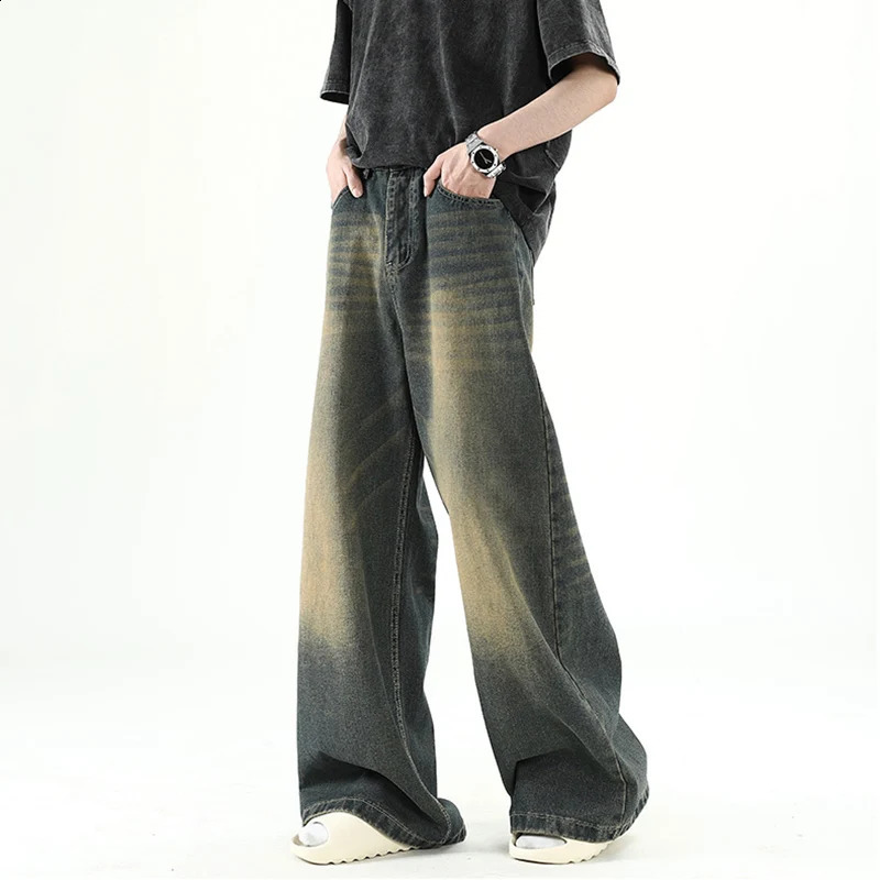 Men Denim Pants Old Blue Washed Male Jeans Straight Casual Menwear Loose Wide Leg Trousers Fashion Korean High Street Denim 250805