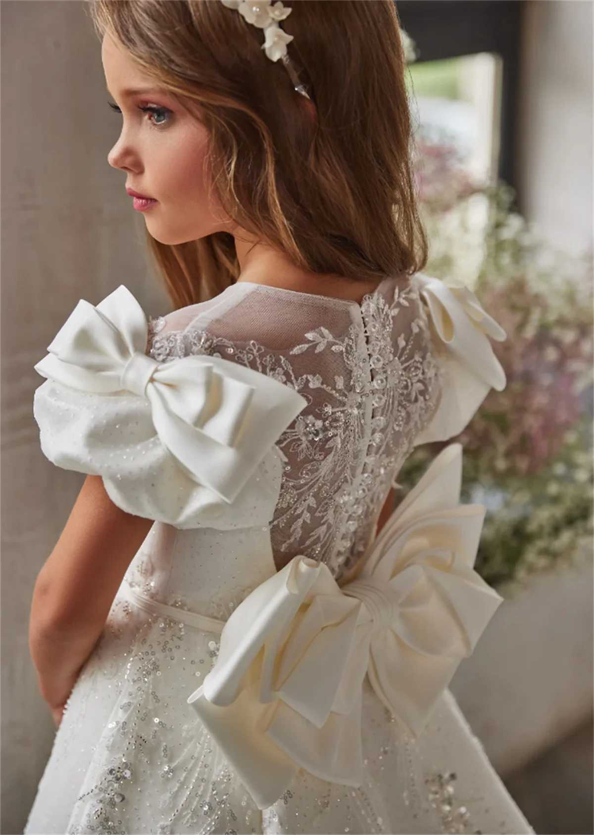 100% Cotton White Lace Applique Flower Girl Dress for Wedding Neck Toddler Puffy Princess Evening Party First Communion Ball Gown W250811