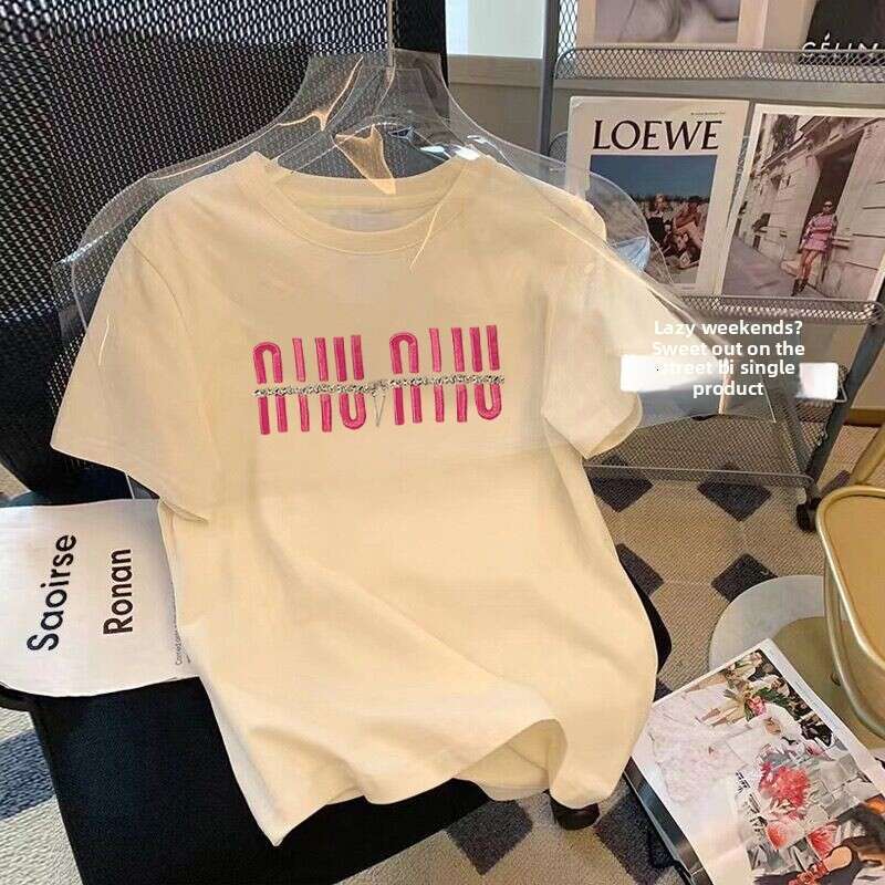 2024 Printed New 200G Drop Shoulder Combed Cotton Short Sleeve T-Shirt For Women Ins Fashion Versatile Stylish Age-Reducing Slimming