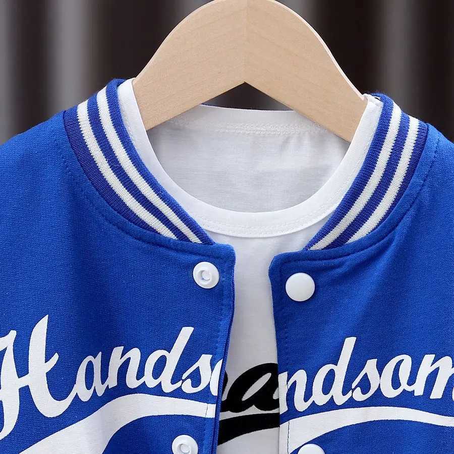 Boys Autumn Letter Baseball Single-Breasted Jacket + Round Neck Printed Cotton Long Sleeve + Striped Sweatpants 3-Piece Set Z250811