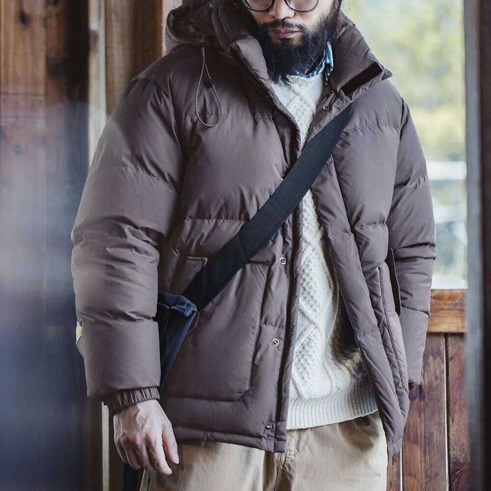 Maden Winter Wax Surface Down Jacket for Men Removable Hooded Thickened Warm Stand-up Collar Coat Men's Padded Outer Clothing