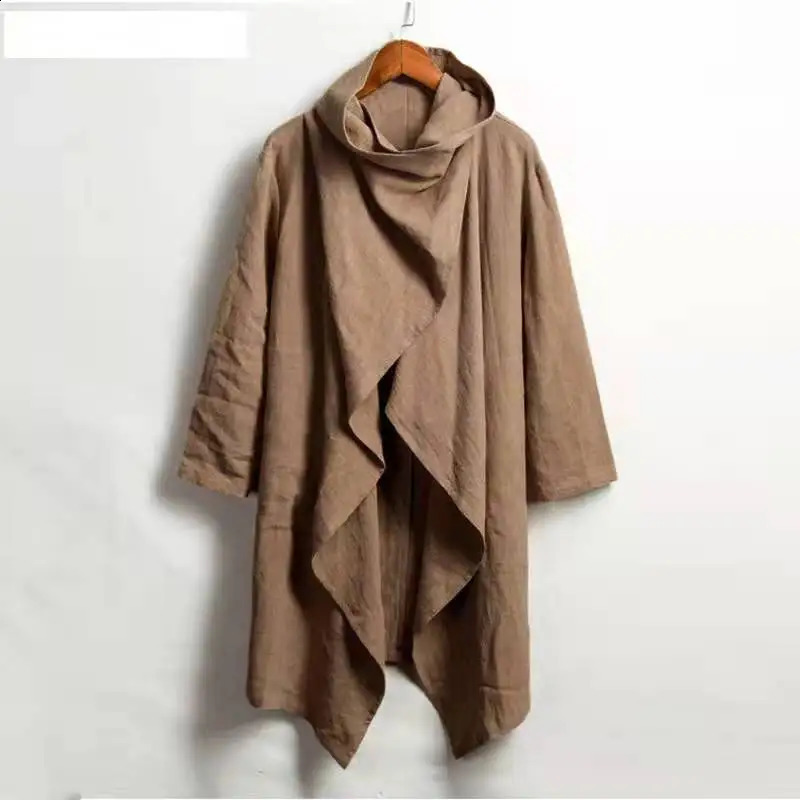 Vintage Ponchos Men Irregular Cardigan Coats Long Sleeve Scarf Collar Trench Cotton Outwear Solid Cloak Jackets Streetwear 250804