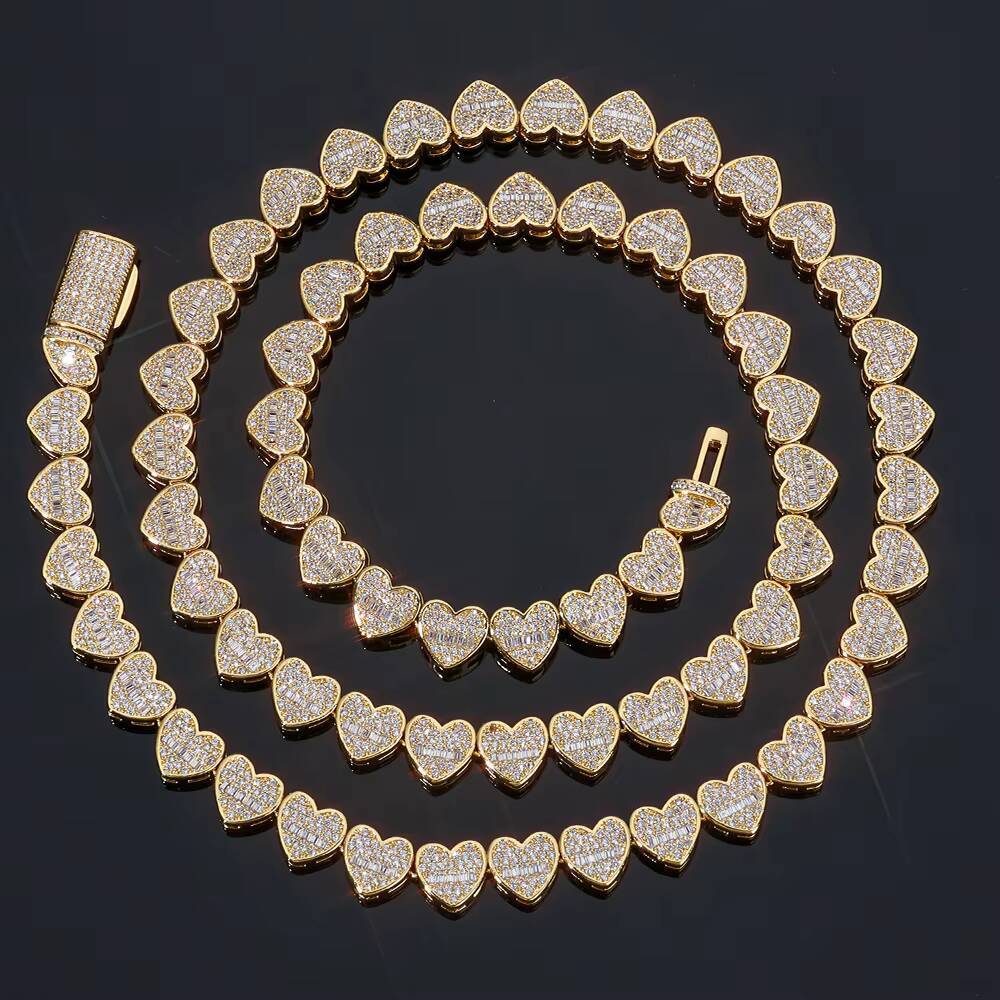 Nuo Ya Hip Hop 8mm Cluster Tennis Necklace with Ice Grade Moissanite Mixed Inlay Long Bar Heart Design 925 Silver Ex Necklace
