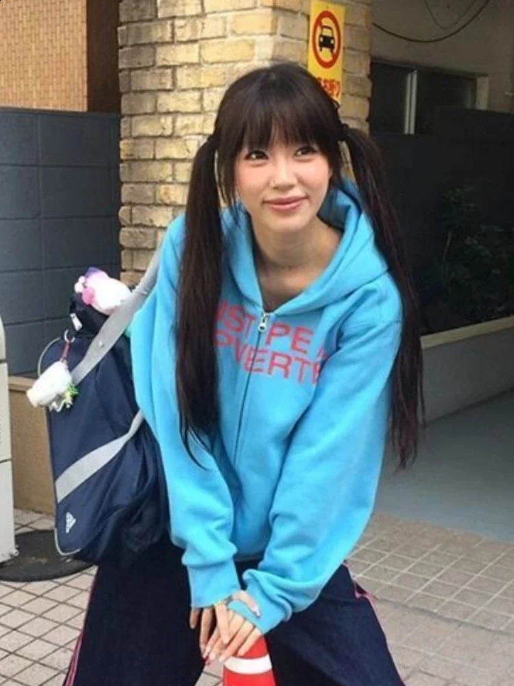 American Hooded Sweet Sweatshirt Women Chic Letter Print Blue Zipper Cardigan Jacket Y2k Casual Loose Tops Streetwear 250804