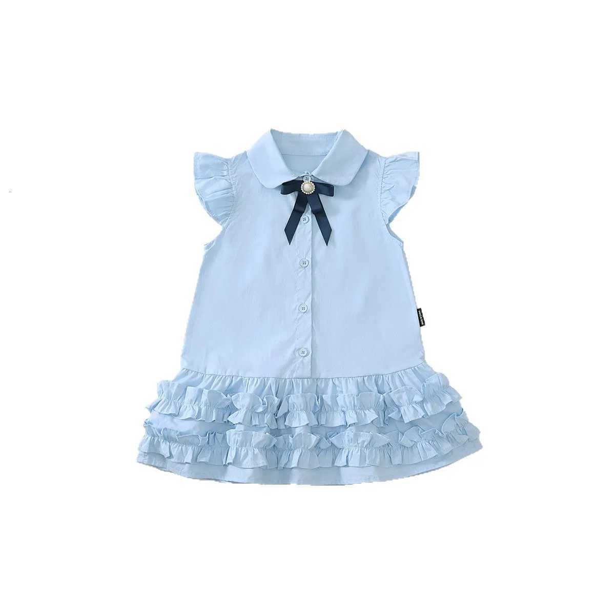 Girls Dress Summer Blue College Style Dresses for Kids 2025 New Baby Girl Bow Childrens Costume Baby Princess Clothing W250811