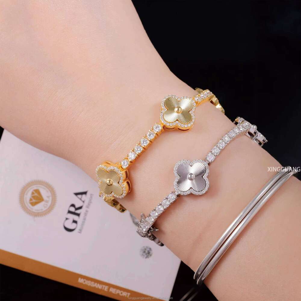 GRA Certificate Hip Hop Style Sterling Sier 3mm VVS1Moissanite Dia Clover Bracelet Tennis Chain for Men Jewelry