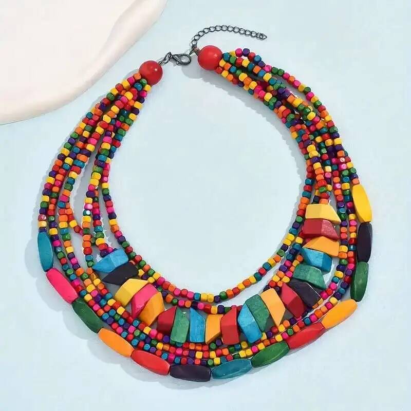 Vintage Bohemian Style Multi-layer Colorful Wooden Beads Hand-beaded Necklace For Women Trend 2025 Casual Party Jewelry Jewelry for Women