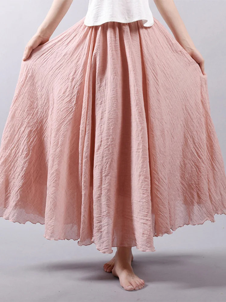 Womens Elegant High Waist Linen Maxi Skirt Summer Ladies Casual Elastic Waist 2 Layers Skirts saia feminina 250811