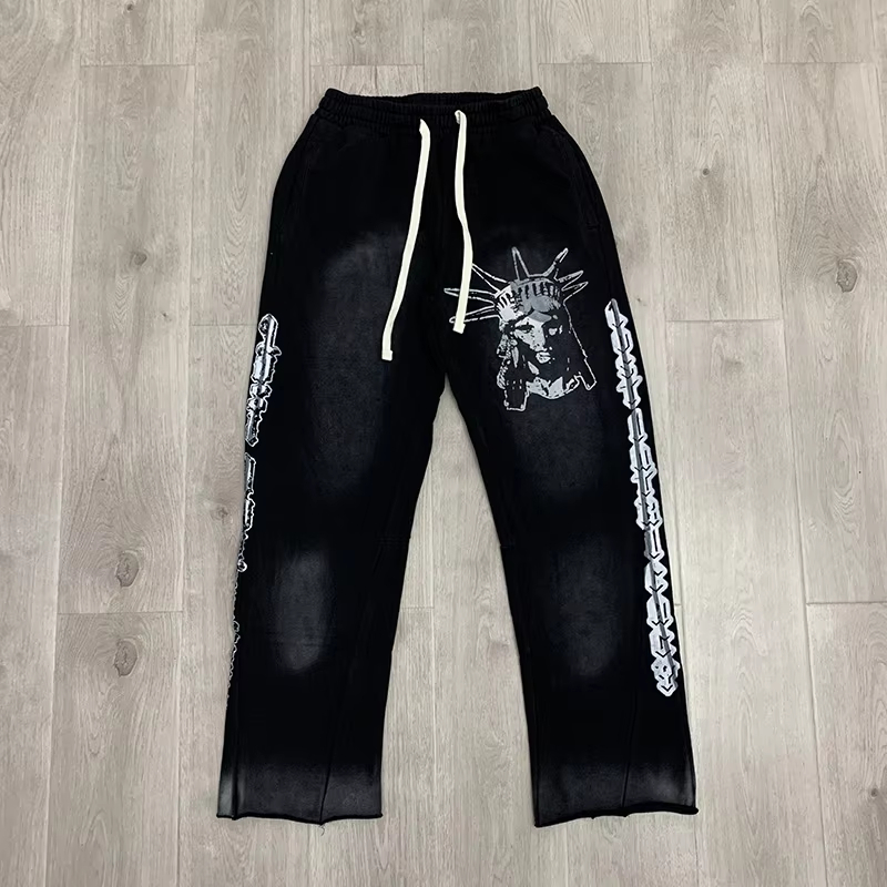 Men Women Unisex Jogger Drawstring Print Casual Pants Streetwear Vintage Washed Black Sweatpants Inside Tags