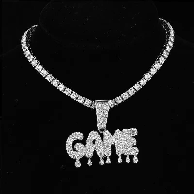 Hip Hop Icy Bling Jewelry Mens Luxury Gold Plated Rhinestone Diamond Drip GAME Letter Pendant With Prong Cuban Necklace CHAIN