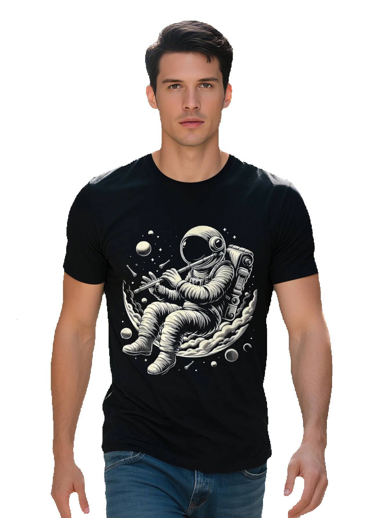 Men S g Cotton Astronaut Playing Musician Music Lover Flute Player T-shirt 4df3a 98e96