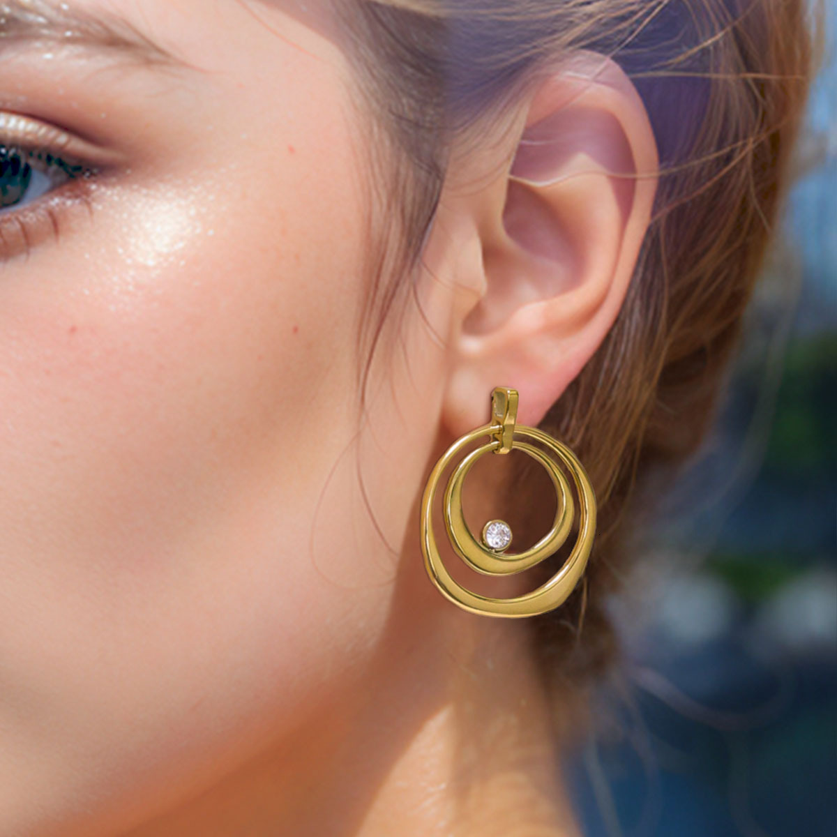 Free Shipping Designer Luxury Jewelry Electroplated 18K Gold Double Round Earrings With Diamond Inlay Geometric Pendant Necklace For Women's Fash