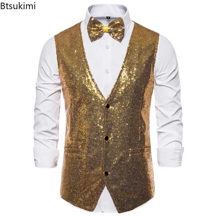 Mens Shiny Gold Sequin Glitter Embellished Blazer Waistcoat Night Club Wedding Party Stage Singers Vest 250809
