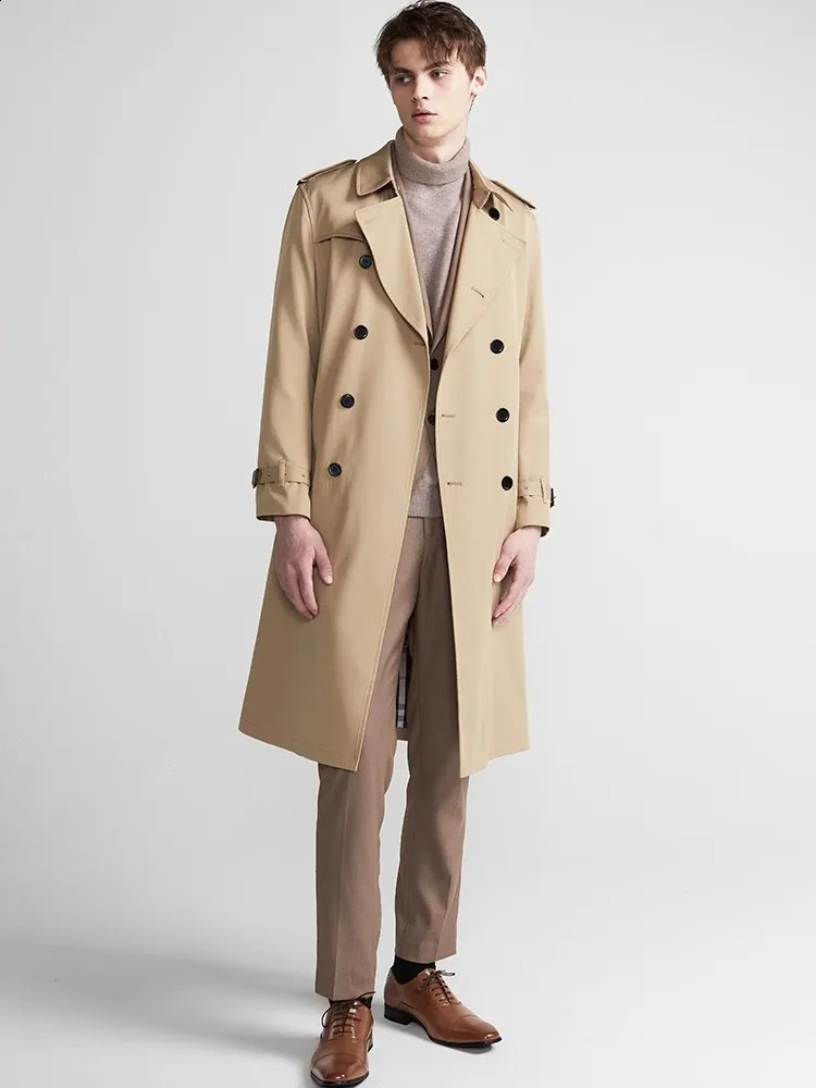 Mauroicardi Spring Autumn Long Chic Khaki Trench Coat Men Belt Double Breasted Elegant British Style Black Overcoat 2025 250729