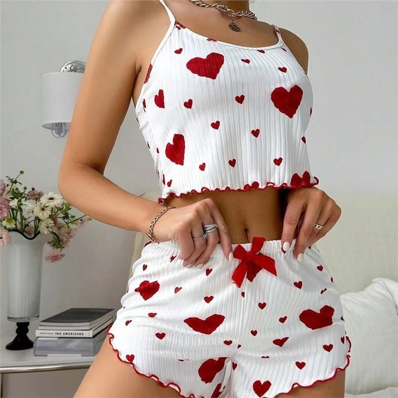 New Knitted Sweet European and American Design Pure Desire 2024 Ribbed Heart Print Women's Pajamas Camisole Summer Shorts
