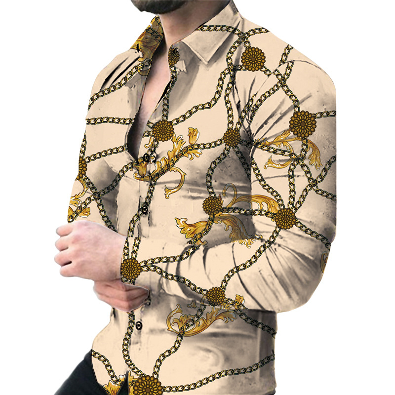 Men's long-sleeved shirt fashion T-shirt 3D printed casual slimming lapel long-sleeved shirt men's thin foreign trade youth shirt European c