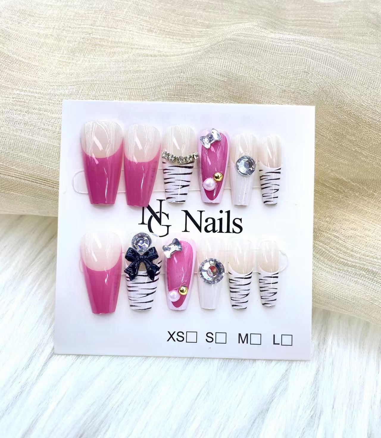 Handmade Fake Nails 24pcs Long Coffin Pink Nude Zebra Stripe Nail Art with Rhinestones Bow Full Cover press on nails