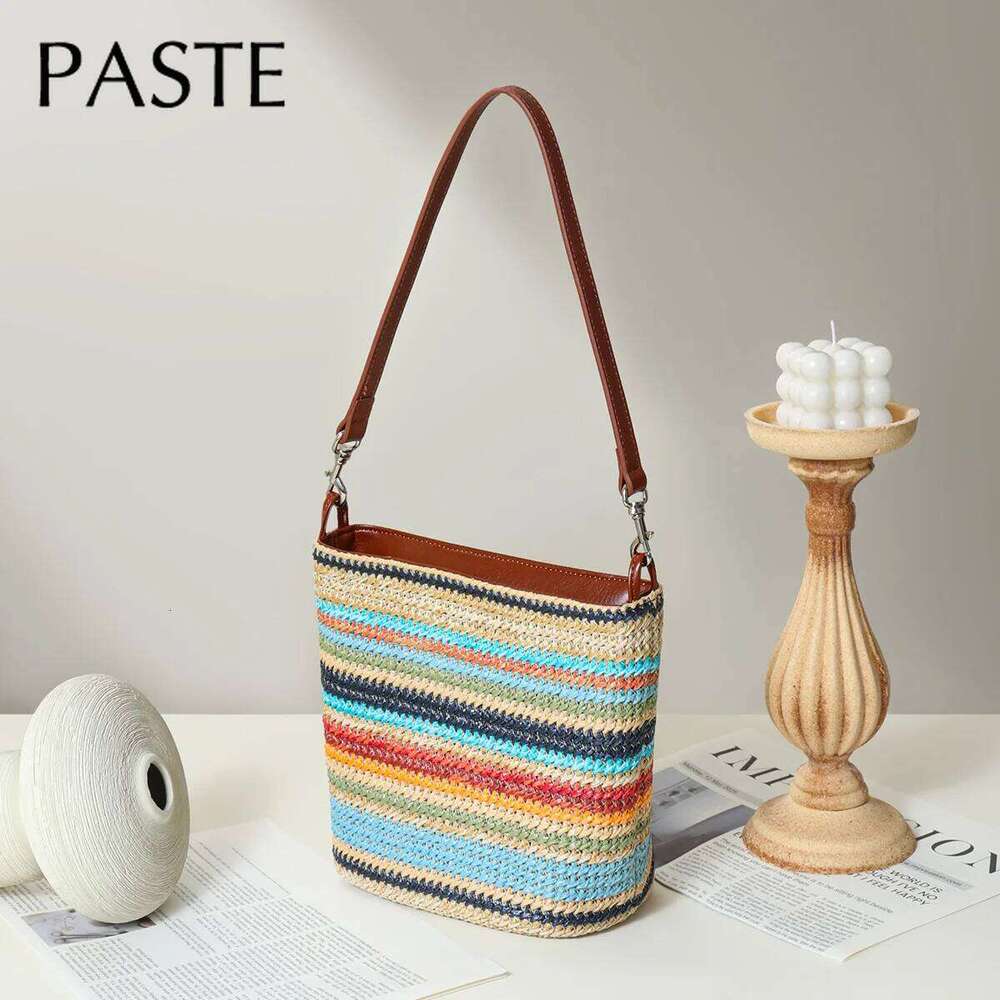 New Summer Simple Design Colorfull Bucket Tote RAFFIA Grass Weaving Leisure Beach Vacation Women Single Shoulder Crossbody Bag