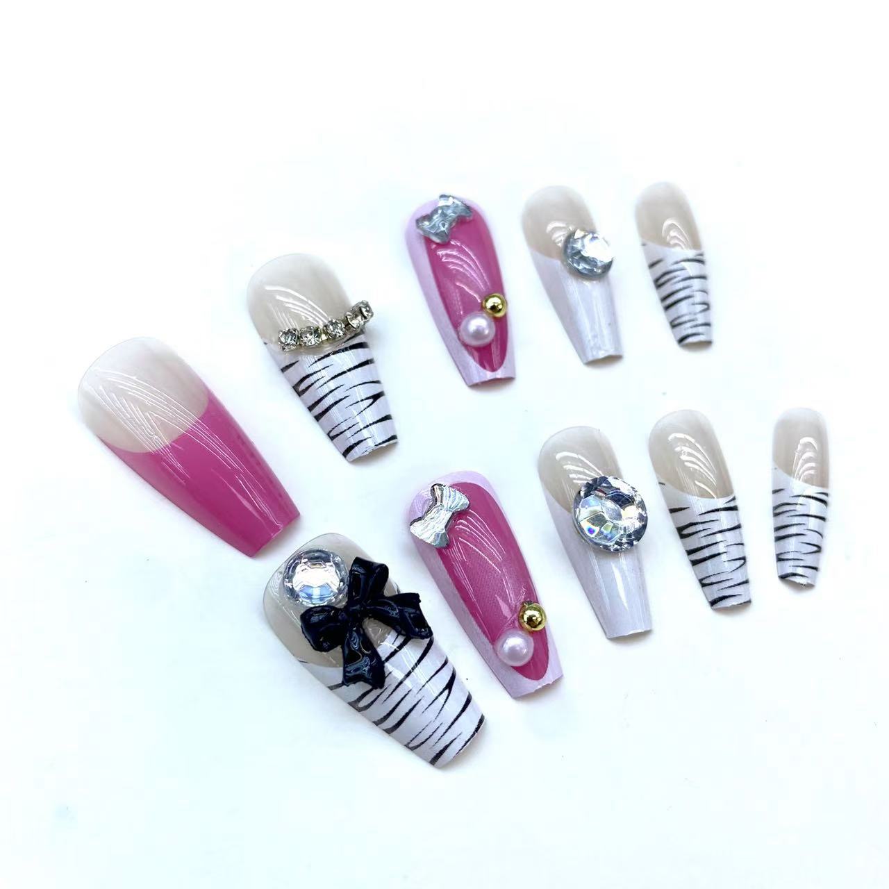 Handmade Fake Nails 24pcs Long Coffin Pink Nude Zebra Stripe Nail Art with Rhinestones Bow Full Cover press on nails