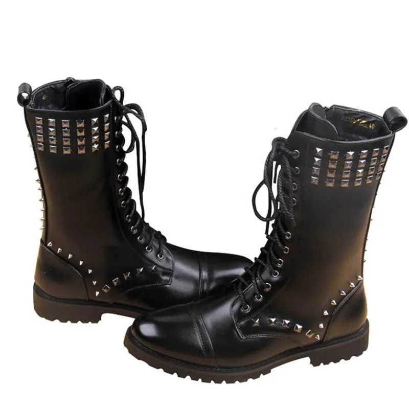 England Style Boots Black Punk Motorcycle Boots For Men PU Leather Zipper Buckle Strap Warm Snow Boot Riveted Mens Boots W250811