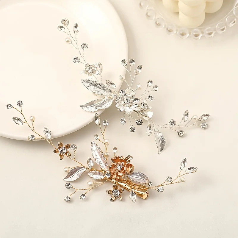 Trendy Gold Silver Color Flower Leaf Crystal Hairpin Headband Tiara Bridal Wedding Hair Accessories Headpiece Jewelry Ornaments 250804