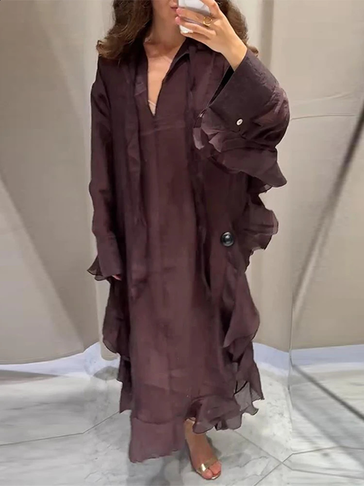 Fashion Patchwork Ruffled Hem Long Dress Women Loose Long Sleeve V-neck Maxi Dresses Summer Lady Vacation Beach Vestidos 250805
